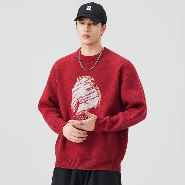 潮人榜 美式高街秋冬季圆领提花设计感潮牌重磅宽松落肩百搭休闲针织衫 男女同款