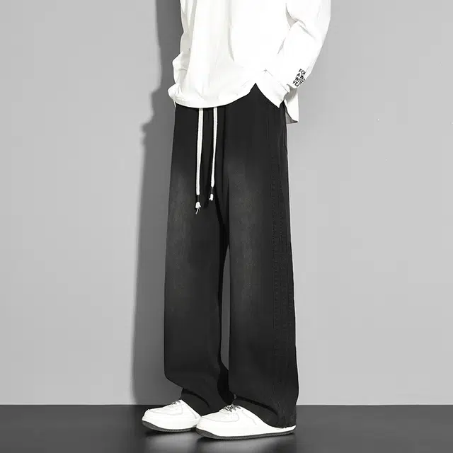 潮人榜 美式高街松紧腰抽绳拼接潮牌百搭小众设计感宽松莱赛尔直筒显瘦阔腿休闲裤 男款