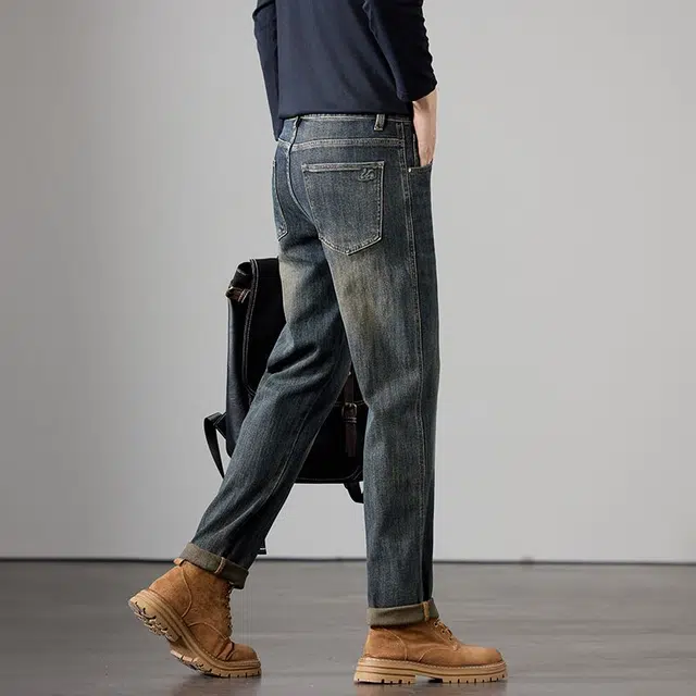 潮人榜 美式高街复古水洗潮牌宽松时尚休闲百搭弹力日常通勤中腰修身显瘦直筒小脚牛仔裤 男款