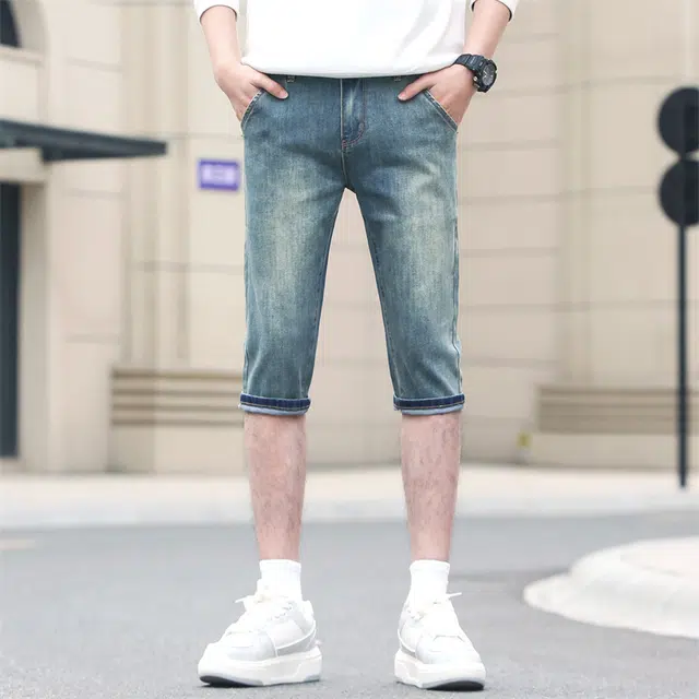 潮人榜 夏季薄款美式潮牌复古高级感修身弹力七分裤潮流百搭痞帅高端牛仔短裤 男款