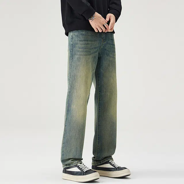 潮人榜 美式高街复古重工废土风水洗长裤子秋冬潮牌百搭宽松简约休闲潮流时尚高端直筒牛仔裤 男女同款