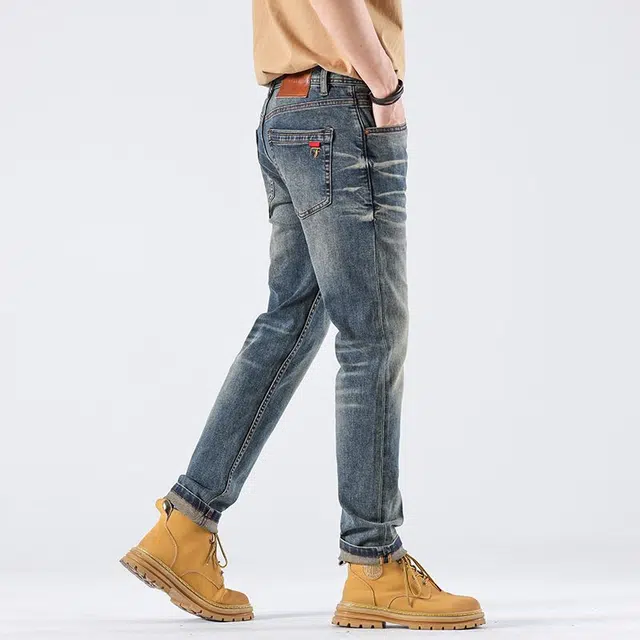潮人榜 美式复古水洗重工小众设计感潮牌高端品质简约百搭修身小直筒日常通勤牛仔裤 男款