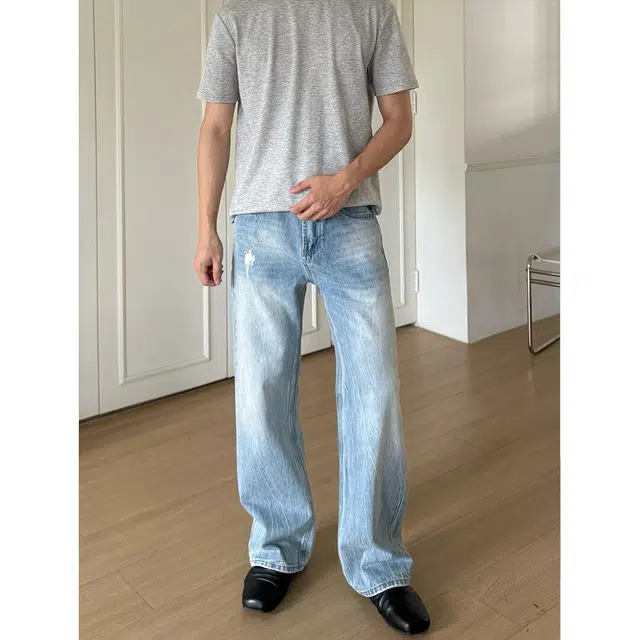 潮人榜 美式闪电裂纹水洗蓝复古做旧秋季百搭潮牌宽松阔腿休闲直筒微喇叭磨破洞牛仔裤 男女同款