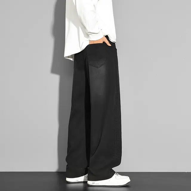 潮人榜 美式高街松紧腰抽绳拼接潮牌百搭小众设计感宽松莱赛尔直筒显瘦阔腿休闲裤 男款
