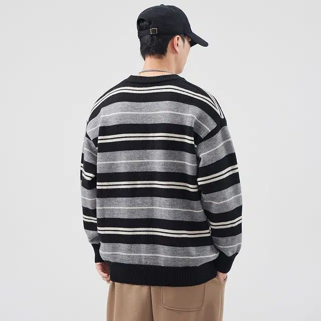 潮人榜 美式高街冬季圆领条纹提花设计感潮牌日系复古百搭休闲套头情侣毛线衣长袖针织衫 男女同款