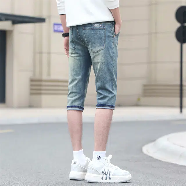 潮人榜 夏季薄款美式潮牌复古高级感修身弹力七分裤潮流百搭痞帅高端牛仔短裤 男款