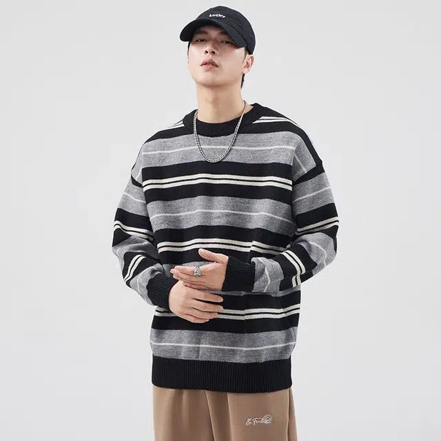 潮人榜 美式高街冬季圆领条纹提花设计感潮牌日系复古百搭休闲套头情侣毛线衣长袖针织衫 男女同款