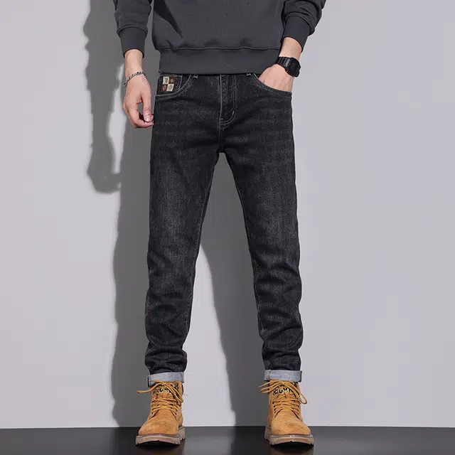 潮人榜 秋季高端美式潮牌刺绣设计感男士裤子修身小脚休闲百搭时尚潮流柔软舒适牛仔裤 男款