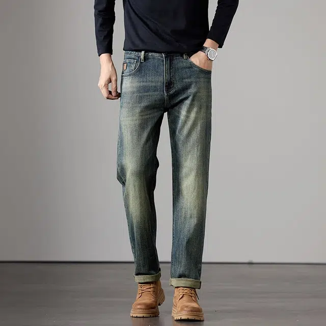 潮人榜 美式高街复古水洗潮牌宽松时尚休闲百搭弹力日常通勤直筒小脚牛仔裤 男款