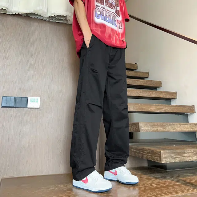 潮人榜 夏季美式高街工装宽松直筒长裤子潮牌百搭折皱设计感通勤简约阔腿高级休闲裤 男女同款
