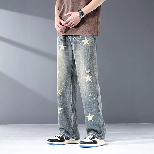 潮人榜 美式高街复古水洗星星印花潮流韩版合身怀旧简约长裤破洞牛仔裤 男款