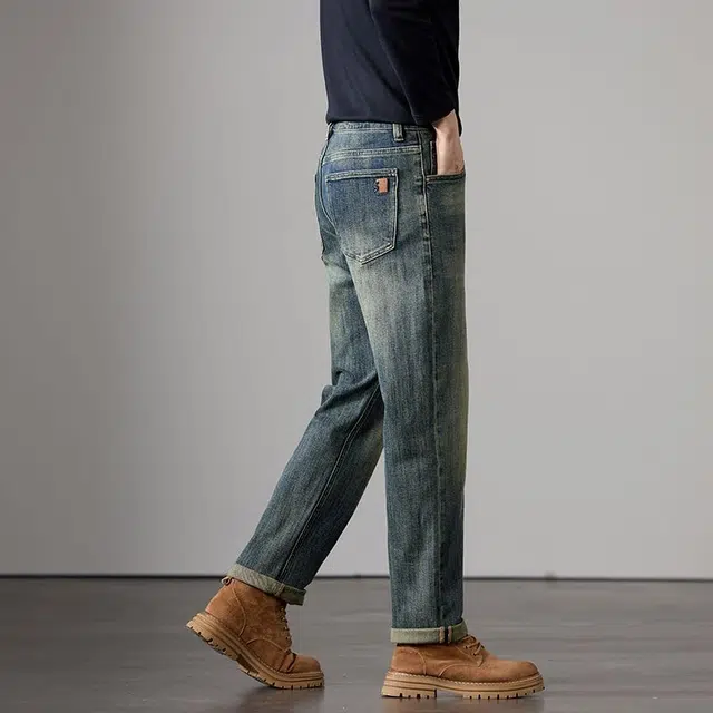 潮人榜 美式高街复古水洗潮牌宽松时尚休闲百搭弹力日常通勤直筒小脚牛仔裤 男款
