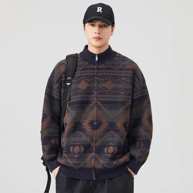 潮人榜 美式高街秋冬季提花拉链开衫外套立领潮牌宽松日系复古百搭针织衫 男女同款