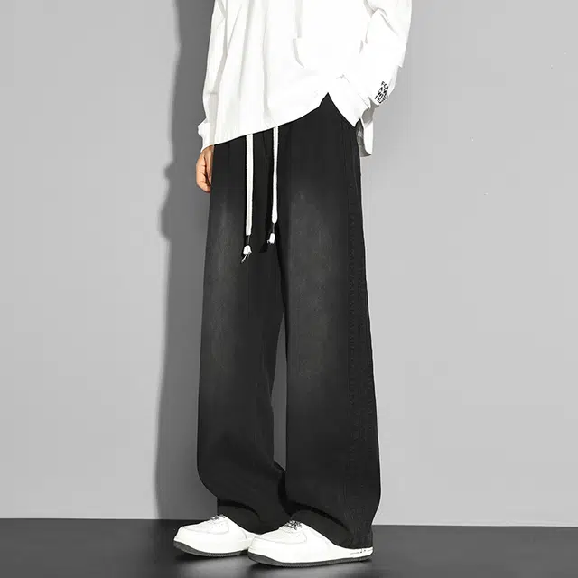 潮人榜 美式高街松紧腰抽绳拼接潮牌百搭小众设计感宽松莱赛尔直筒显瘦阔腿休闲裤 男款