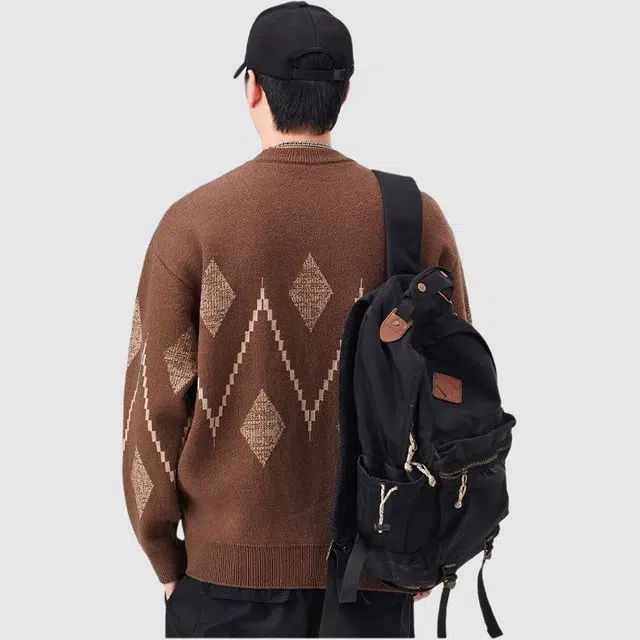 潮人榜 美式高街圆领提花设计感潮牌日系复古宽松套头落肩百搭休闲秋冬季针织衫 男女同款