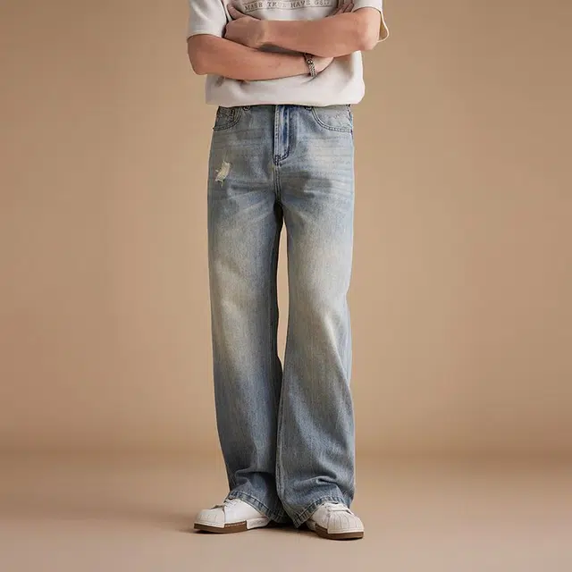 潮人榜 美式闪电裂纹复古水洗做旧秋季百搭潮牌宽松阔腿休闲直筒微喇叭磨破洞牛仔裤 男女同款