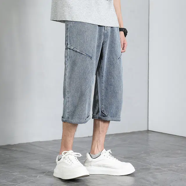 潮人榜 美式潮牌复古星空纹高级感炸街七分裤子夏季潮流百搭痞帅宽松直筒通勤时尚牛仔短裤 男款