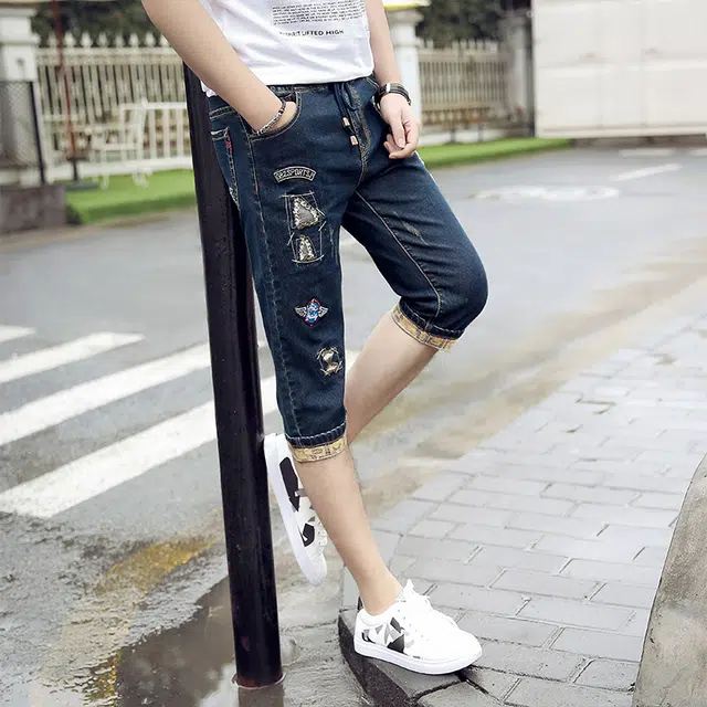 潮人榜 夏季薄款高端潮牌刺绣设计感修身弹力七分裤潮流百搭痞帅美式牛仔短裤 男款