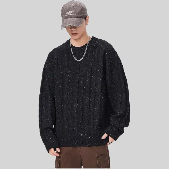 潮人榜 美式高街秋冬季圆领麻花纹设计感日系复古百搭宽松毛线衣套头休闲情侣针织衫 男女同款