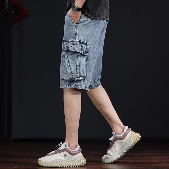 潮人榜 夏季美式复古高端设计感工装五分裤子宽松直筒多口袋潮牌百搭痞帅水洗牛仔短裤 男女同款