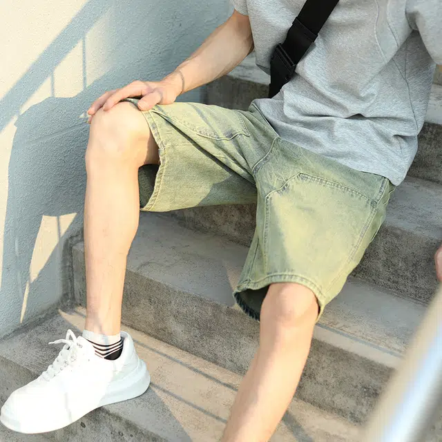 潮人榜 美式高街复古宽松直筒五分裤子潮牌休闲百搭痞帅拼接高端牛仔短裤 男款