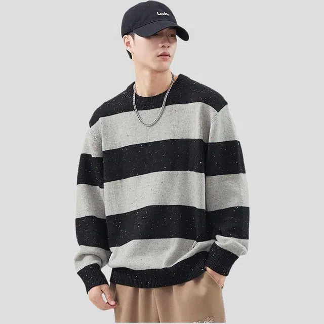 潮人榜 美式高街圆领条纹提花设计感秋冬季潮牌日系复古宽松毛线衣百搭休闲情侣针织衫 男女同款
