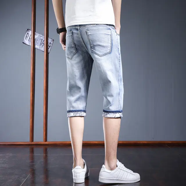 潮人榜 夏季薄款高端潮牌设计感修身七分裤潮流百搭破洞痞帅牛仔短裤 男款