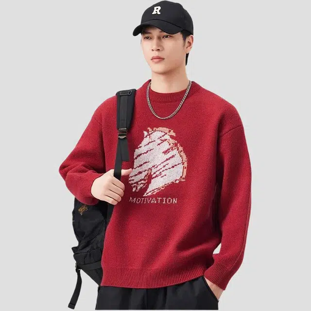 潮人榜 美式高街秋冬季圆领提花设计感潮牌重磅宽松落肩百搭休闲针织衫 男女同款