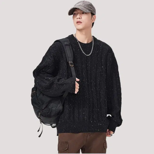 潮人榜 美式高街秋冬季圆领麻花纹设计感日系复古百搭宽松毛线衣套头休闲情侣针织衫 男女同款