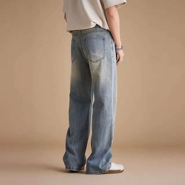 潮人榜 美式闪电裂纹复古水洗做旧秋季百搭潮牌宽松阔腿休闲直筒微喇叭磨破洞牛仔裤 男女同款