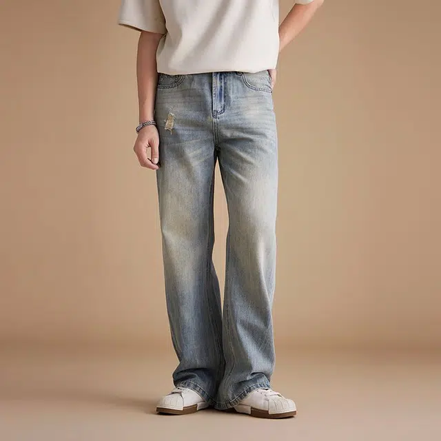 潮人榜 美式闪电裂纹复古水洗做旧秋季百搭潮牌宽松阔腿休闲直筒微喇叭磨破洞牛仔裤 男女同款