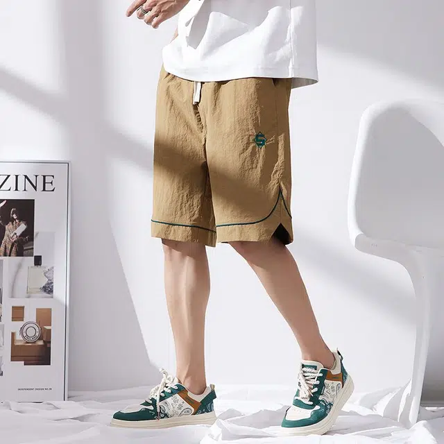 潮人榜 美式高街撞色小众设计感痞帅松紧腰男潮牌宽松百搭直筒五分裤休闲短裤 男款