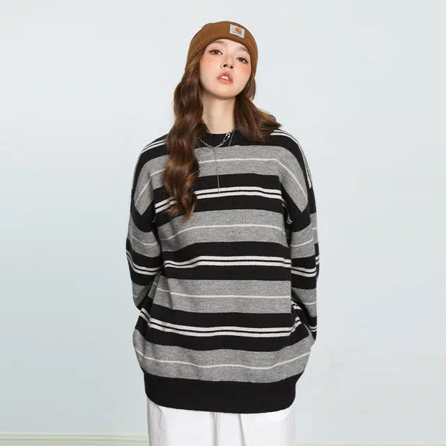 潮人榜 美式高街冬季圆领条纹提花设计感潮牌日系复古百搭休闲套头情侣毛线衣长袖针织衫 男女同款