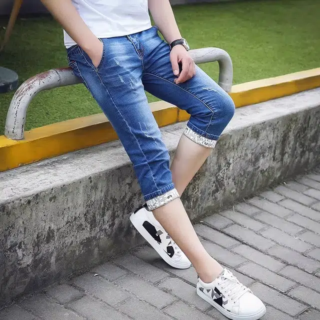 潮人榜 美式潮牌夏季薄款设计感七分裤修身小脚弹力痞帅牛仔短裤 男款