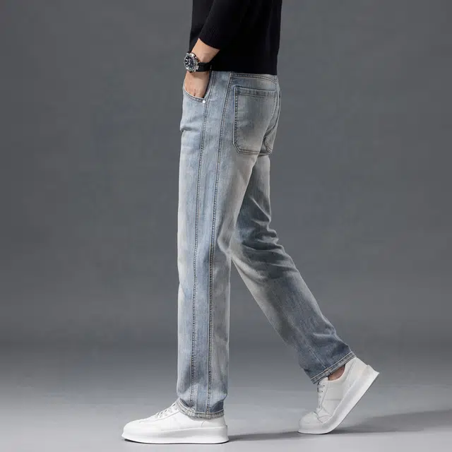 潮人榜 秋冬款高端潮牌舒适弹力长裤子男士美式潮流时尚宽松直筒轻商务高级感牛仔裤 男款