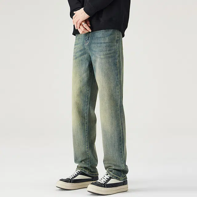 潮人榜 美式高街复古重工废土风水洗长裤子秋冬潮牌百搭宽松简约休闲潮流时尚高端直筒牛仔裤 男女同款