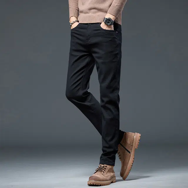 潮人榜 秋冬季高端潮牌复古修身小直筒痞帅男士长裤子韩版潮流百搭休闲弹力显高显瘦通勤轻奢高品质黑色牛仔裤 男款