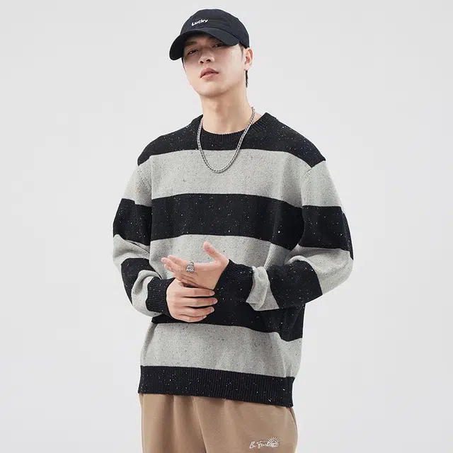 潮人榜 美式高街圆领条纹提花设计感秋冬季潮牌日系复古宽松毛线衣百搭休闲情侣针织衫 男女同款