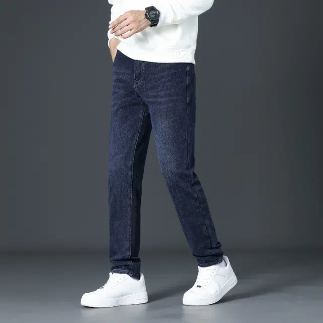 潮人榜 美式高端轻商务秋冬款百搭潮流日常通勤时尚休闲中腰修身舒适皮牌直筒小脚弹力牛仔裤 男款