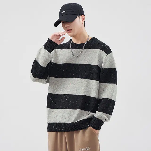 潮人榜 美式高街圆领条纹提花设计感秋冬季潮牌日系复古宽松毛线衣百搭休闲情侣针织衫 男女同款