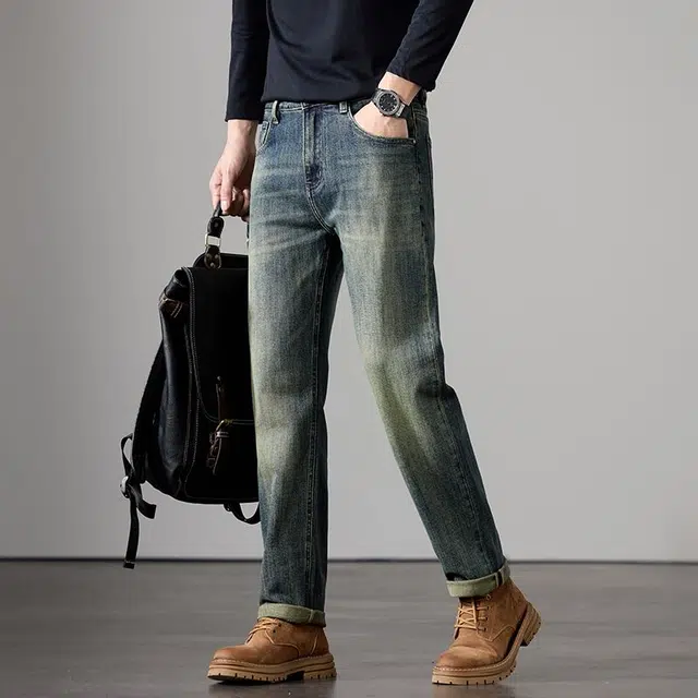 潮人榜 美式高街复古水洗潮牌宽松时尚休闲百搭弹力日常通勤直筒小脚牛仔裤 男款