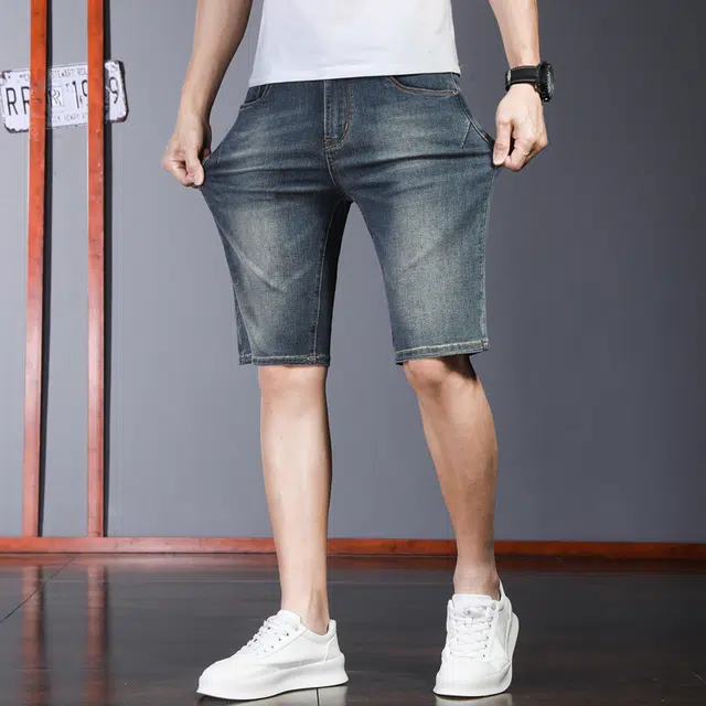 潮人榜 夏季薄款高端潮牌复古修身弹力五分裤潮流百搭痞帅美式牛仔短裤 男款