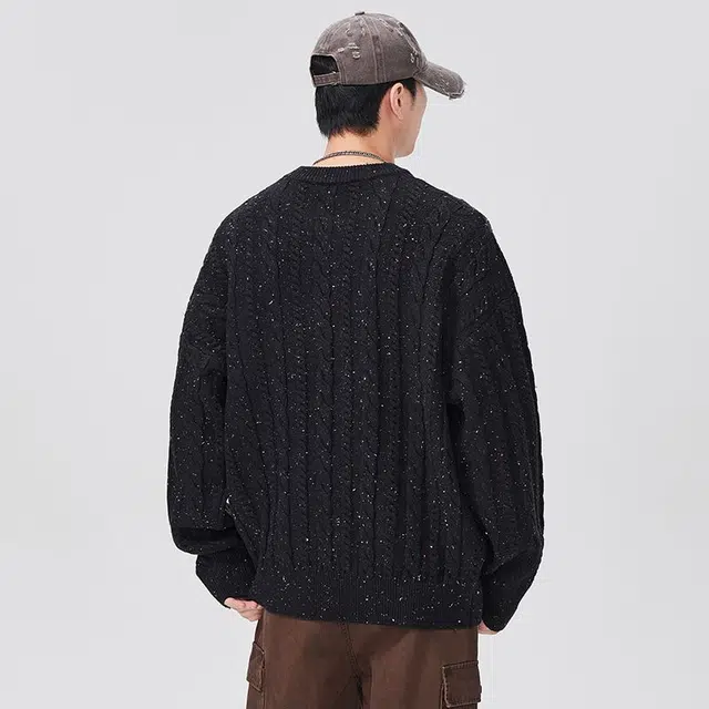 潮人榜 美式高街秋冬季圆领麻花纹设计感日系复古百搭宽松毛线衣套头休闲情侣针织衫 男女同款