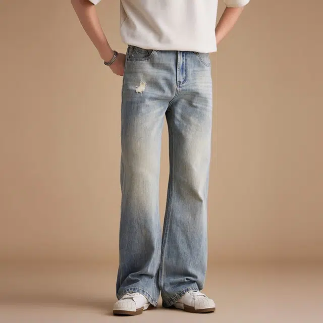 潮人榜 美式闪电裂纹复古水洗做旧秋季百搭潮牌宽松阔腿休闲直筒微喇叭磨破洞牛仔裤 男女同款