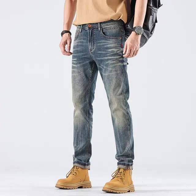 潮人榜 美式复古水洗重工小众设计感潮牌高端品质简约百搭修身小直筒日常通勤牛仔裤 男款