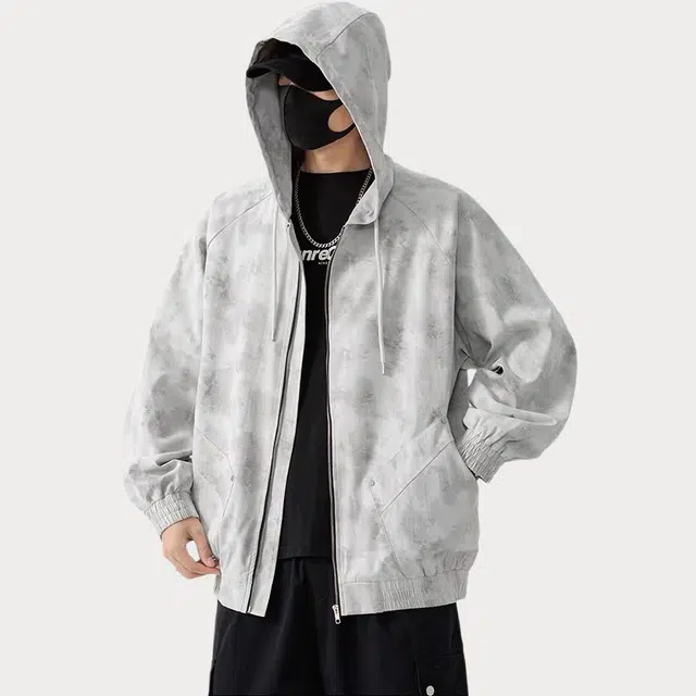 潮人榜 美式高街秋季防风防水肌理感休闲百搭潮牌简约大码落肩长袖宽松连帽夹克 男女同款