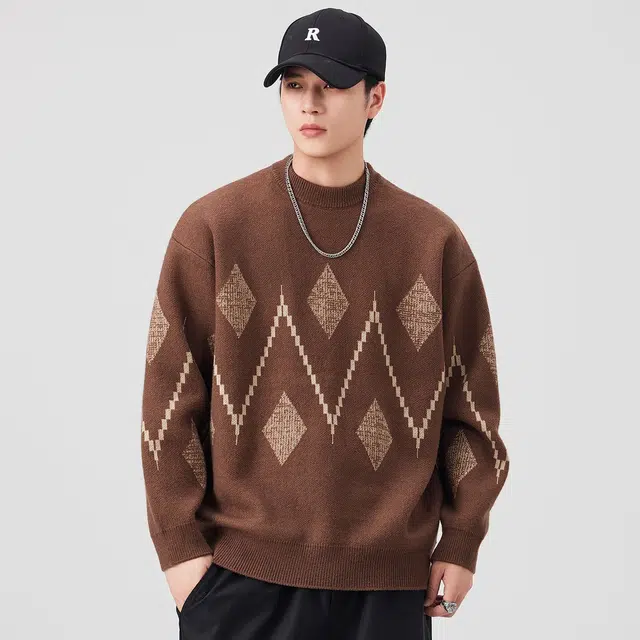 潮人榜 美式高街圆领提花设计感潮牌日系复古宽松套头落肩百搭休闲秋冬季针织衫 男女同款