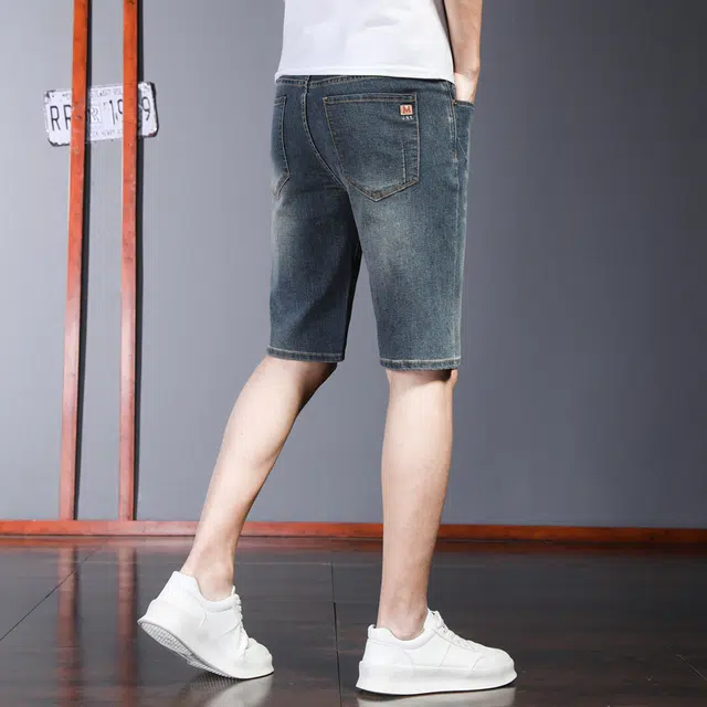 潮人榜 夏季薄款高端潮牌复古修身弹力五分裤潮流百搭痞帅美式牛仔短裤 男款