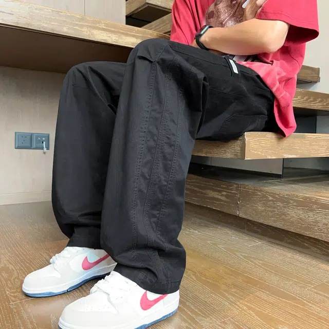 潮人榜 夏季美式高街工装宽松直筒长裤子潮牌百搭折皱设计感通勤简约阔腿高级休闲裤 男女同款