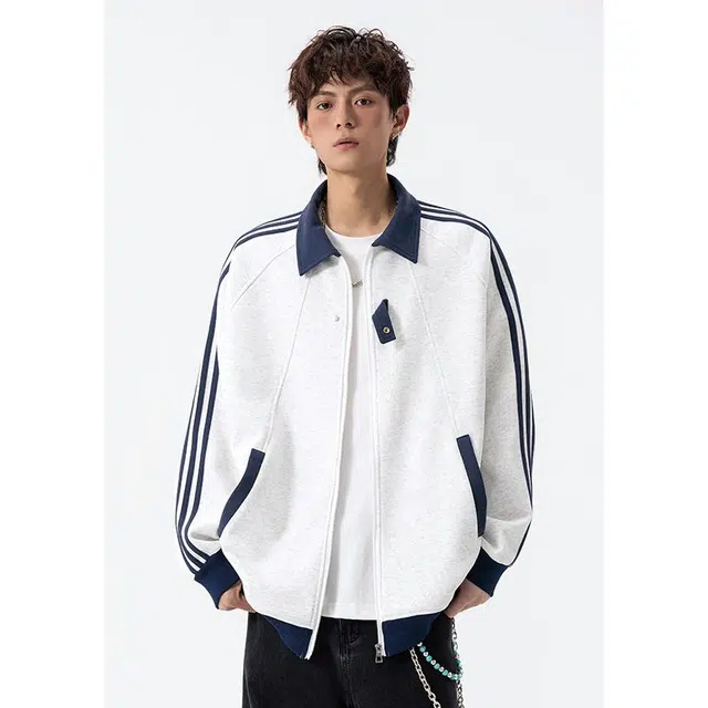 潮人榜 美式高街三条杠设计感运动百搭潮牌宽松休闲大码加厚卫衣垂感慵懒外套夹克 男女同款